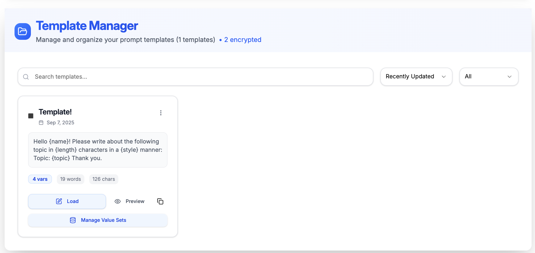 Template Manager Interface Screenshot